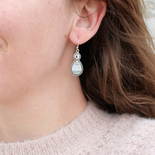 Boucles argent 2 pierres Calcédoine cristallisée et Cristal de roche