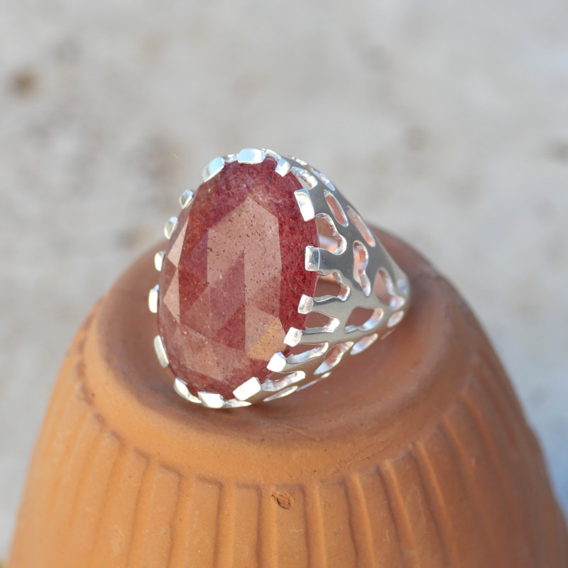 Grosse bague branches corail argent pierre Quartz strawberry T52