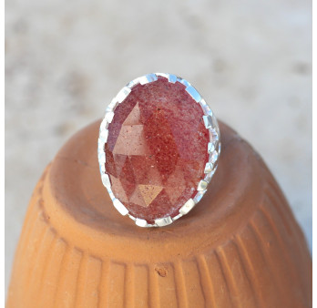 Grosse bague branches corail argent pierre Quartz strawberry T52