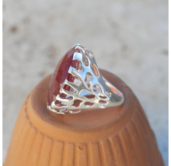 Grosse bague branches corail argent pierre Quartz strawberry T52