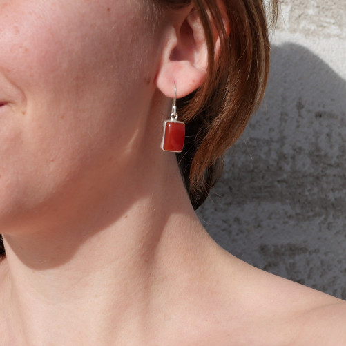 Boucles d'oreilles rectangulaires argent et pierre Cornaline