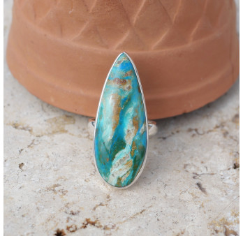 Longue bague goutte en argent et pierre Opaline du Pérou T53