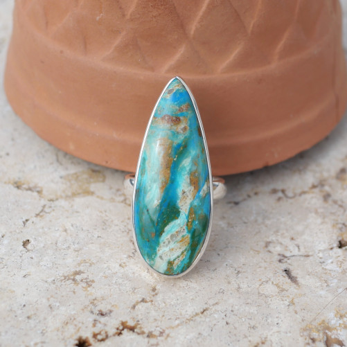 Longue bague goutte en argent et pierre Opaline du Pérou T53