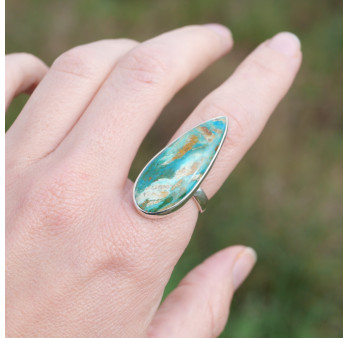 Longue bague goutte en argent et pierre Opaline du Pérou T53