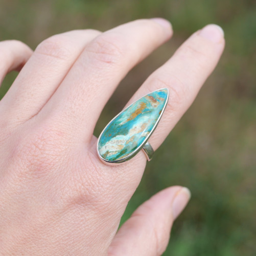 Longue bague goutte en argent et pierre Opaline du Pérou T53