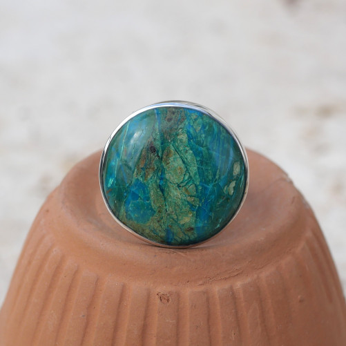 Bague ronde argent et pierre Opaline du Pérou T55