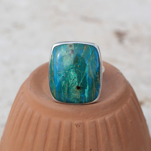 Bague rectangulaire en argent et pierre Opaline du Pérou T57