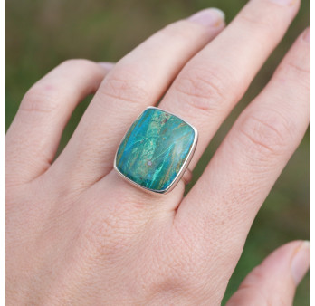 Bague rectangulaire en argent et pierre Opaline du Pérou T57