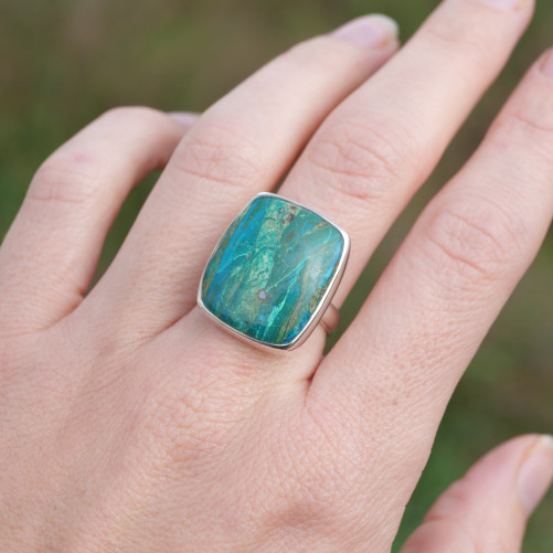 Bague rectangulaire en argent et pierre Opaline du Pérou T57