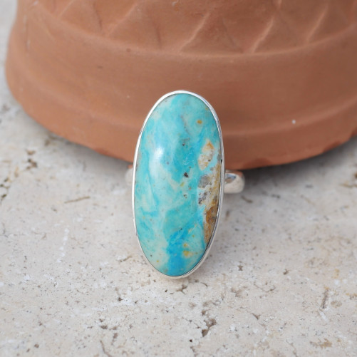 Bague oblongue argent et pierre Opaline du Pérou T55