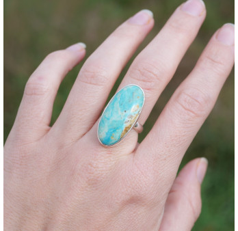 Bague oblongue argent et pierre Opaline du Pérou T55
