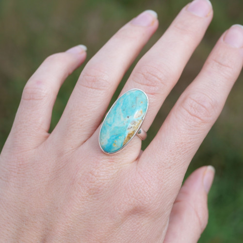 Bague oblongue argent et pierre Opaline du Pérou T55