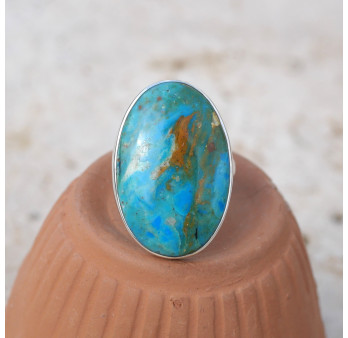 Grande bague ovale en argent et pierre Opaline du Pérou T57