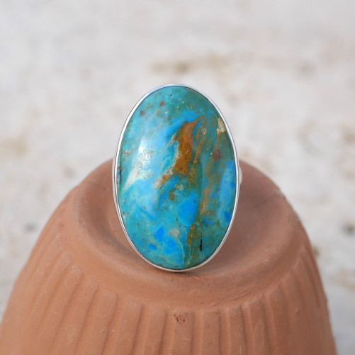 Grande bague ovale en argent et pierre Opaline du Pérou T57