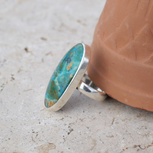 Grande bague ovale argent et pierre Opaline du Pérou T58