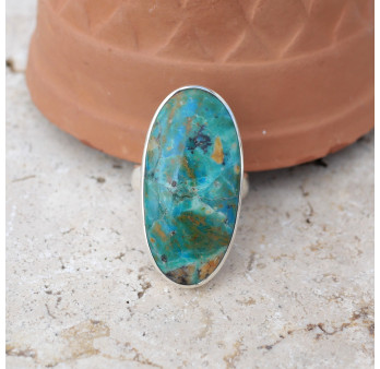 Grande bague ovale argent et pierre Opaline du Pérou T58