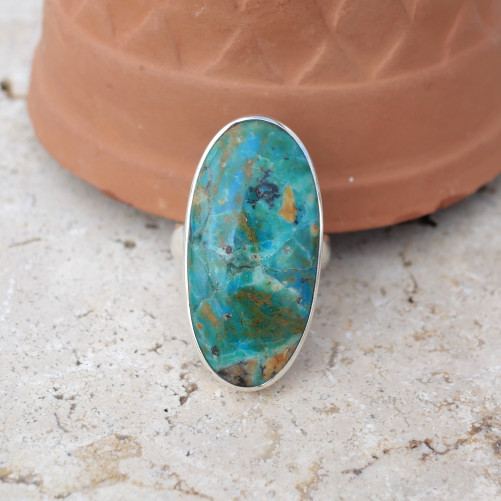 Grande bague ovale argent et pierre Opaline du Pérou T58