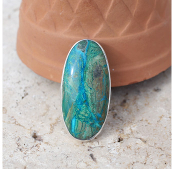 Grande bague oblongue argent et pierre Opaline du Pérou T57