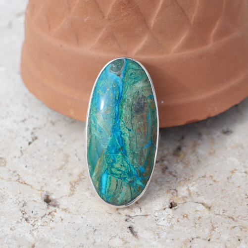 Grande bague oblongue argent et pierre Opaline du Pérou T57