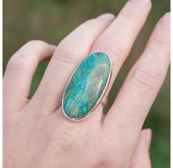 Grande bague oblongue argent et pierre Opaline du Pérou T57