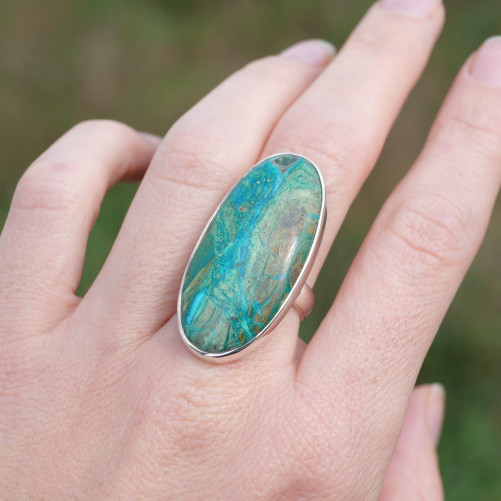Grande bague oblongue argent et pierre Opaline du Pérou T57