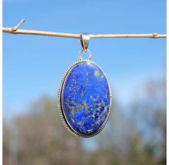 Gros pendentif ovale en Lapis lazuli et argent strié
