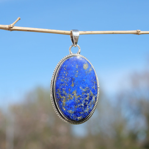 Gros pendentif ovale en Lapis lazuli et argent strié