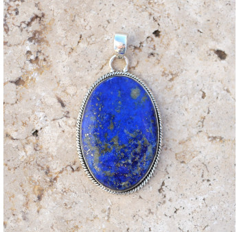 Gros pendentif ovale en Lapis lazuli et argent strié