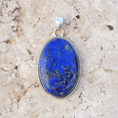 Gros pendentif ovale en Lapis lazuli et argent strié