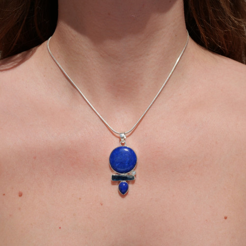 Pendentif en argent et 4 pierres Lapis lazuli Cyanite et Topaze