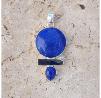 Pendentif en argent et 4 pierres Lapis lazuli Cyanite et Topaze
