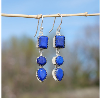 Boucles d'oreilles en argent et 3 pierres facettée Lapis lazuli