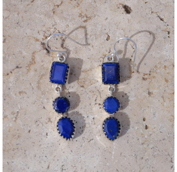Boucles d'oreilles en argent et 3 pierres facettée Lapis lazuli