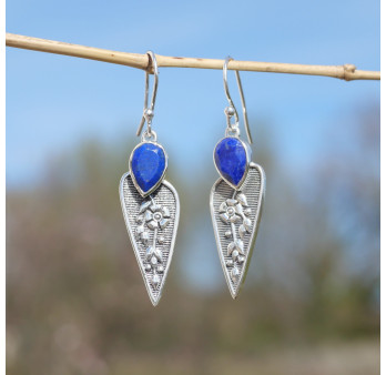 Boucles fleurs en argent et pierre Lapis lazuli