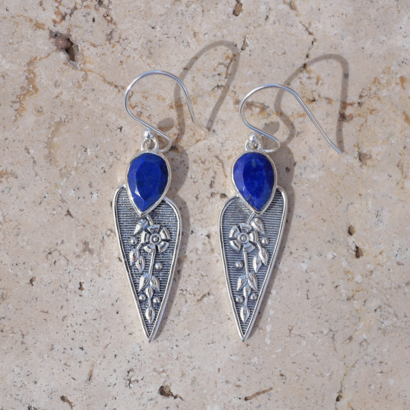 Boucles fleurs en argent et pierre Lapis lazuli