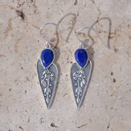 Boucles fleurs en argent et pierre Lapis lazuli