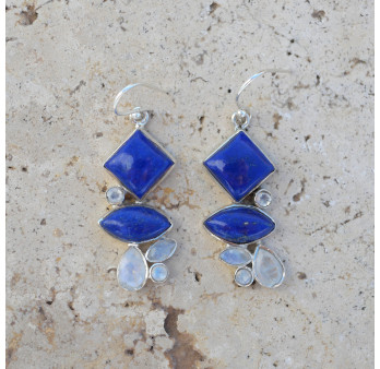 Boucles argent 6 pierres Lapis lazuli et Pierre de lune