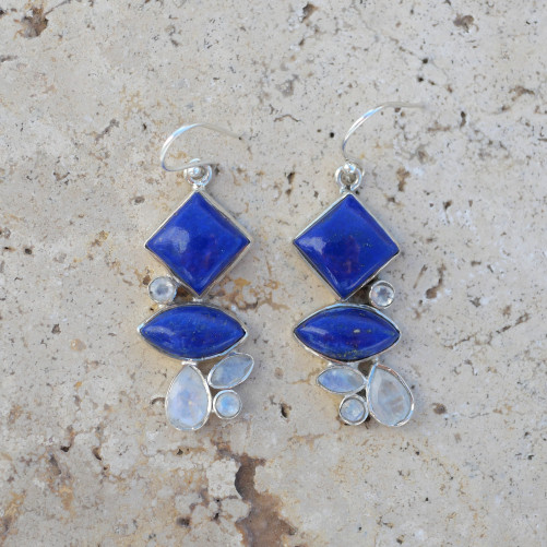 Boucles argent 6 pierres Lapis lazuli et Pierre de lune