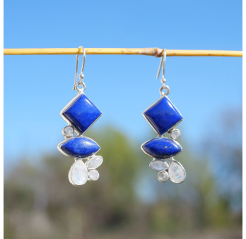 Boucles argent 6 pierres Lapis lazuli et Pierre de lune
