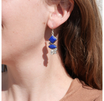 Boucles argent 6 pierres Lapis lazuli et Pierre de lune