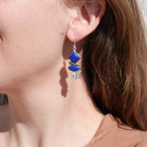 Boucles argent 6 pierres Lapis lazuli et Pierre de lune