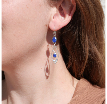 Longues boucles navettes ouvertes argent et Lapis lazuli
