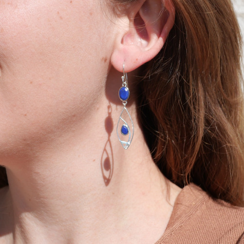Longues boucles navettes ouvertes argent et Lapis lazuli