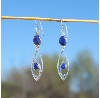 Longues boucles navettes ouvertes argent et Lapis lazuli