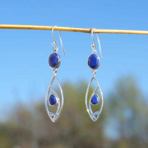 Longues boucles navettes ouvertes argent et Lapis lazuli