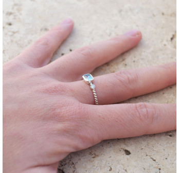 Bague fine argent torsadé pierre Topaze bleue T50/52/56/58/60