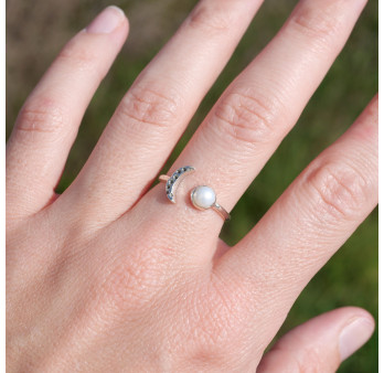 Bague fine lune argent et Perle de culture ronde T50/55/57/58