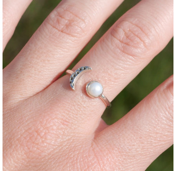 Bague fine lune argent et Perle de culture ronde T50/55/57/58