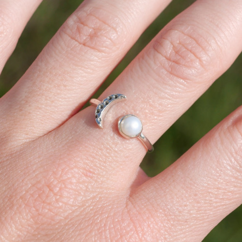 Bague fine lune argent et Perle de culture ronde T50/55/57/58
