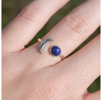 Bague fine lune argent et pierre ronde Lapis lazuli T50/52/54/57/60